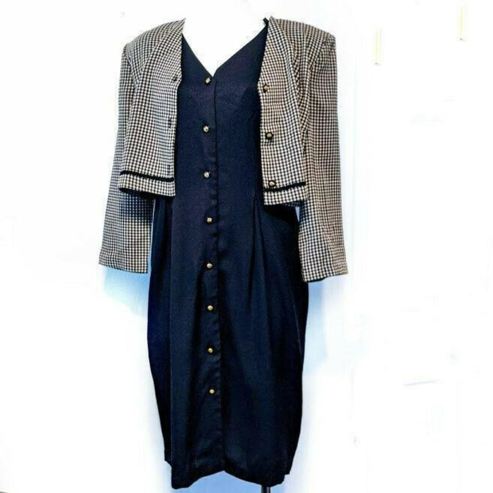 Vintage Olivia Rose Womens 12P Checkered Button Top Black Dress - Picture 2 of 7